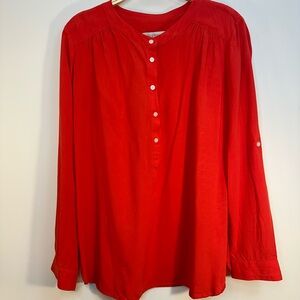 Ann Taylor Loft Half Button Down Blouse Red Size M 100% Rayon Roll Button Sleeve